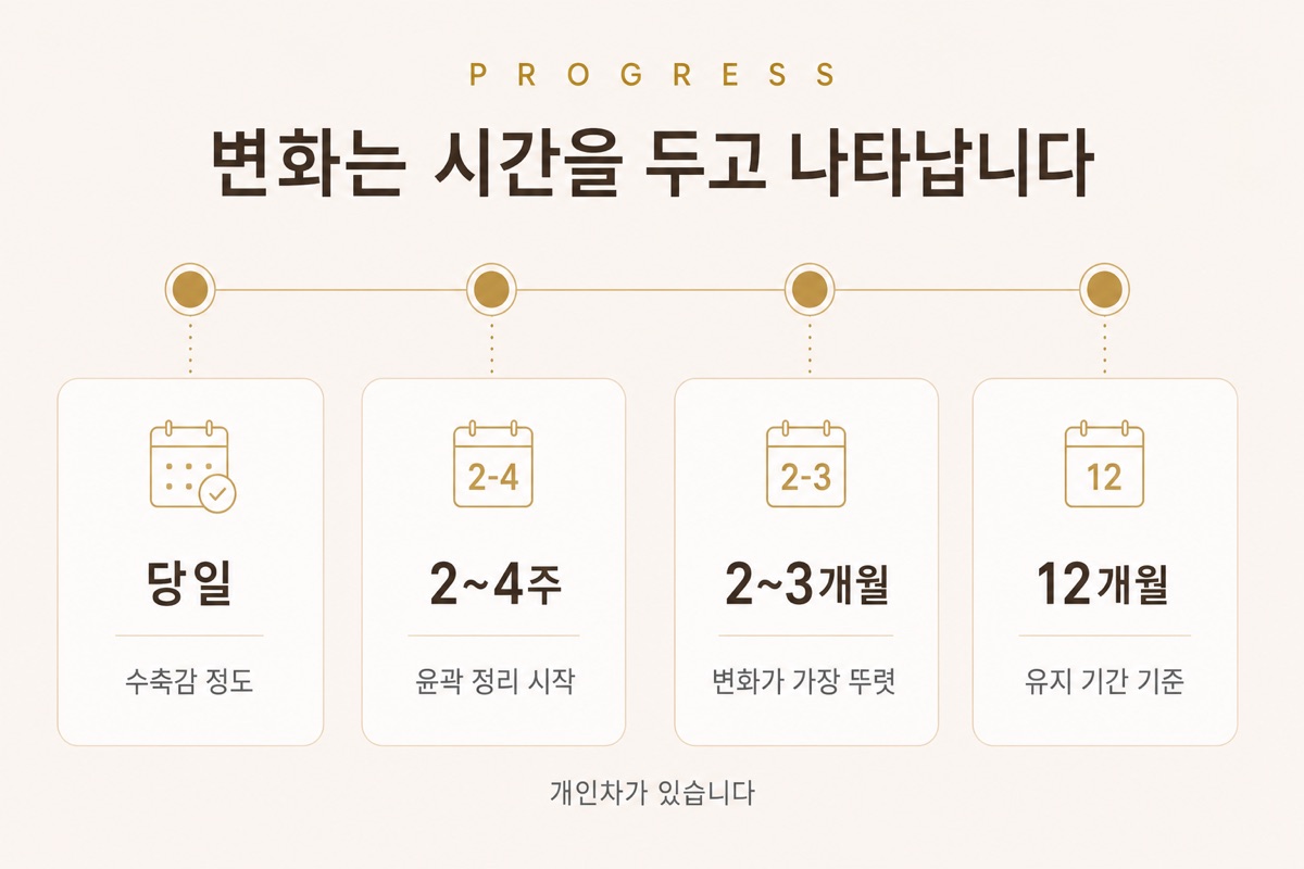 올타이트 시술 후 경과 — 당일에는 수축감 정도, 2~4주에 윤곽 정리 시작, 2~3개월에 변화가 가장 뚜렷, 12개월이 유지 기간 기준입니다. 개인차가 있습니다